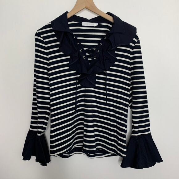 Anne Fontaine Coquillage Striped Bell-Sleeve Ruffle Top - Picture 3 of 16